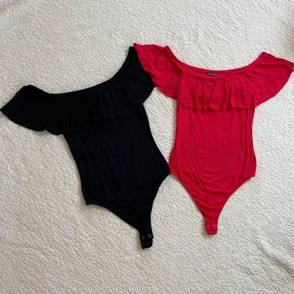 Express Women’s Off-The-Shoulder Black & Red Bodysuit Bundle - Picture 1 of 6